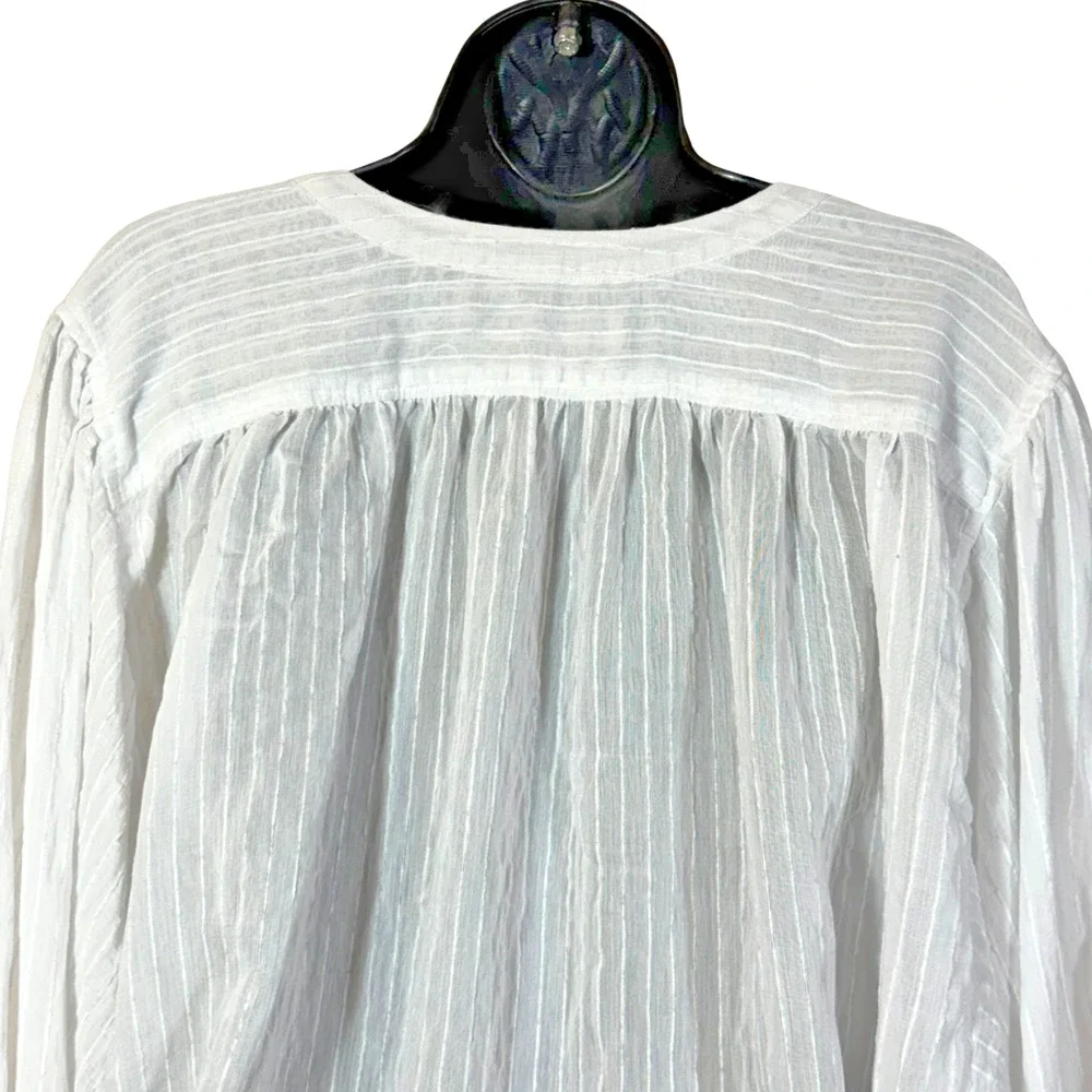 LOFT White Stripe Blouse Semi-Sheer Button Top V-Neck Long Puff Sleeve Small